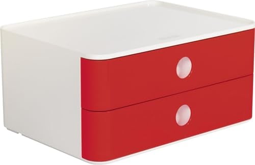 HAN Schubladenbox Allison SMART-BOX mit 2 Schubladen und Trennwand, Kabelführung, stapelbar, Utensilienbox für Büro, Schreibtisch Küche, möbelschonende Gummifüße, 1120-17, hochglänzend, cherry red