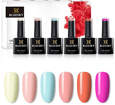 Bluesky Gel Nail Polish Set, Complete Summer Party Collection, 6 x 10ml, Pink, Green, Blue, Orange, Green, Peach (Requires Curing Under LED/UV Lamp)