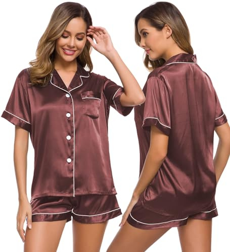 SWOMOG Pyjamas for Womens Satin Silk Pjs Button Down Pyjamas Set Soft Sleepwear Lightweight Loungewear
