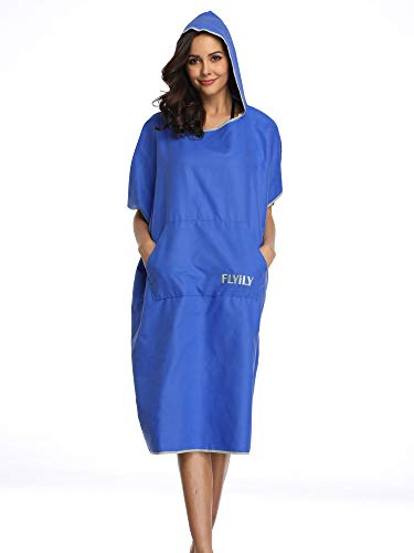 FLYILY Microfaser Surf Poncho Handtuch mit Kapuze Bademantel zum Schwimmen und Strand wechseln Einheitsgröße Alle Erwachsenen(RoyalBlue,L)