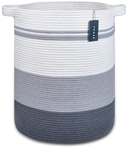 COMSE Extra Large Blanket Basket, Tall Laundry Basket, Nursery Hamper, 40 x 55 CM, Cotton Rope Woven Laundry Hamper for Storage Toys Clothes Towels, Gradient Gray