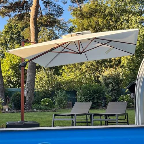 PURPLE LEAF Parasol Déporté Carré 3,3 x 3,3 m avec housse de parapluie, Grain de Bois en Aluminium Parasol De Jardin Extérieur Toit à Double Rotatif 360°, Pour Terrasses, Piscines, Patio, Crème