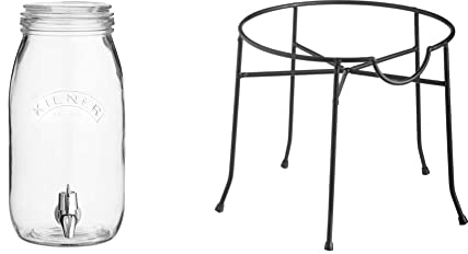 Kilner 3 Litre Round Glass Drinks Dispenser & A'Domo Drinks Stand for Round Dispenser 5 L, Stainless Steel, One Size