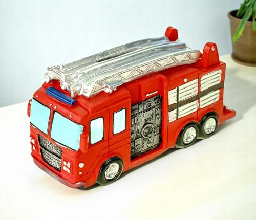 Kremers Schatzkiste Spardose Feuerwehrauto American Style 8x14x6 cm – Handbemalte Polyresin Deko, Sparschwein Bunt und Praktisch – Ideales Geldgeschenk - Brandkasse