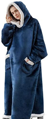 iyoimono Hoodie Decke für DamenHerren Flanell Fleece Oversized Kapuzen Pullover Sweatshirt Kuscheldecke Flauschige Sherpa TV-Decke mit Ärmeln Übergroße Tragbar Ganzkörperdecke(Navy blau,150cm)