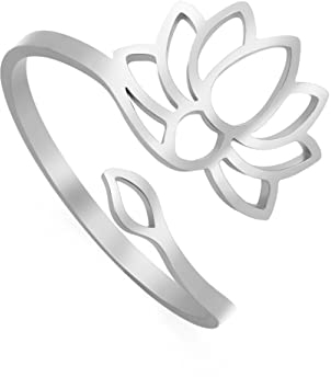 TEAMER Resizable Lotus Ring Edelstahl Semikolon Ring Yoga Meditation Om Symbol Ring Inspirierender Schmuck für Frauen Teenager Mädchen (Lotus 1-Silber)
