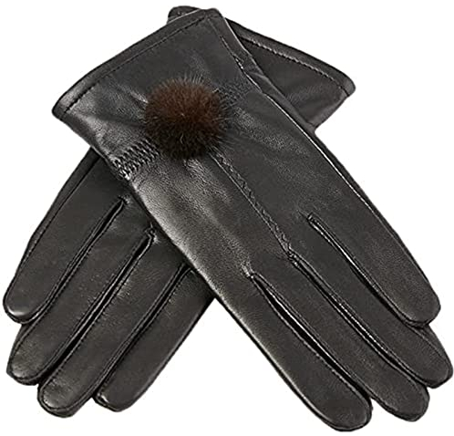 ABGRC Lammfell-Leder-Futterhandschuhe, Winterhandschuhe mit Wollknäuel, rutschfeste Vollfinger-Handschuhe für das Fahren im Freien, Schwarz
