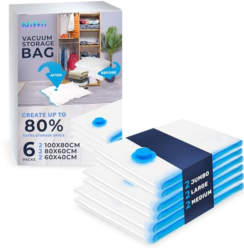 NIFTII Vacuum Storage Bags 6 Pack, Mixed Sizes - Space Saver for Clothes, 80% More Storage with Airtight, Waterproof, Double-Zip Seal, Durable Packing Bags for Duvets, Bedding & Travel