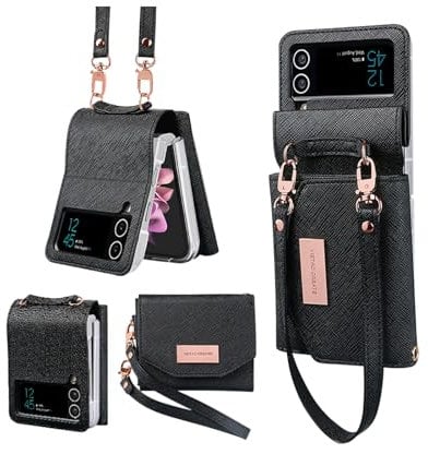 XIMAND for Flip Case with Leather Wallet,Wristlet Strap Zipper Cash Slot Wallet Hinge Part Protected for Samsung Galaxy Z Flip 4 5G,Fashion Handbag Gift for Women Ladys(Black)