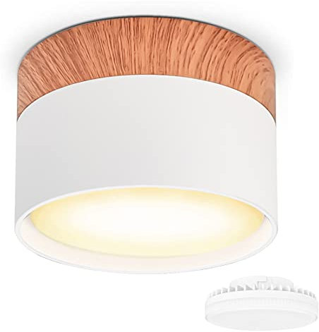 KYOTECH LED Aufbauspot Flach 230V Ø84x60mm Weiß Deckenleuchte Aufputz inkl. 6W GX53 Leuchtmittel Warmweiß 3000K 550LM Holzmaserung Decken Aufbaustrahler mit großer Leuchtfläche Spotleuchte Rund