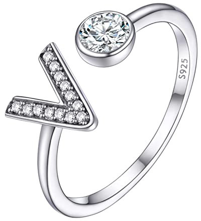 PROSILVER Bague Réglable Initiale Argent Femme, Anneau Ouvert Lettre V Serti de Zircon Cubique