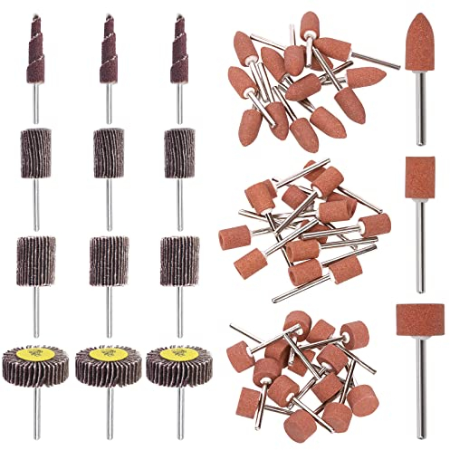Swpeet 54Pcs 1/8 Shank Grinding Stone Set, 2 Shaped 2 Sizes of Sanding Drill Bit for Rotary Tool Flap Wheel, 4 Sizes 80 Grit Cone Shape Abrasive Sandpaper Flap Sanding Wheel for Grinding Polishing