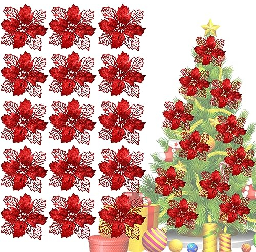 15 Stück Weihnachten Glitzer Weihnachtsstern Blumen, Poinsettia Weihnachtsbaum Künstliche Blumen, Künstlicher Blumenschmuck mit Clips Weihnachtsblumen für die Weihnachtsbaumdekoration, Rot