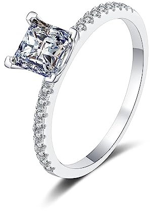 Skcess 925er Sterling Silber Ring Silber, Prinzessinnenplatz Ringe Frauen Weiß Moissanite Ring 2ct Größe 45 (14.3)