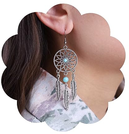 Dervivea Boho Sliver Türkis Feder Ohrringe Traumfänger Baumeln Ohrringe Hohlen Kreis Baumeln Ohrringe Türkis Perle Baumeln Ohrringe Aussage Stammes-Ohrringe Schmuck Für Frauen Und Mädchen