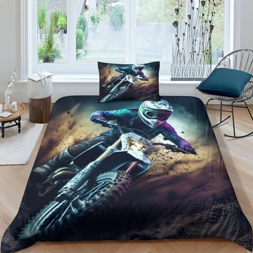 GEEYOU Motorcycle Race Bettwäsche Kissenbezug Motocross Bettdeckenbezug Luxuriös Bettbezug Wärme Steppdeckenbezug Set Komfortabel Bed Linen Sets Für Jungen Und Mädchen Single（135x200cm）