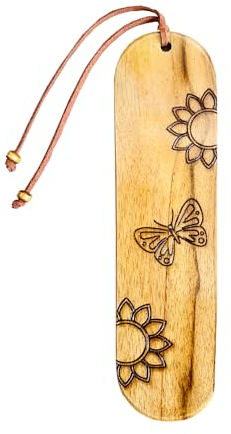 Handgefertigtes Lesezeichen aus massivem Teakholz mit Schmetterlings- und Sonnenblumen-Gravur, exotisches OmetaWood Glücksbringer-Geschenk