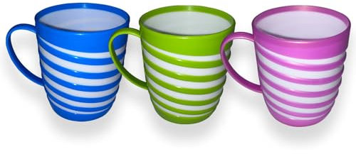 Cennet Plastic Coffee Mug with Handles - Reusable Unbreakable Lightweight Cups for Hot and Cold Tea, Milk, Water, Juice - Picnic, Camping Travel Party, BPA Free (3, Striped)