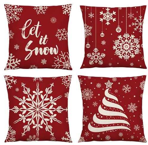 Kissenbezug 30x30 cm 4er Set Leinen Outdoor Kissen Rot Weihnachten Sofakissen Dekorative Kissenbezüge mit Verstecktem Reißverschluss für drinnen und draußen Perfekte Deko Kissen für Wohnzimmer Garten
