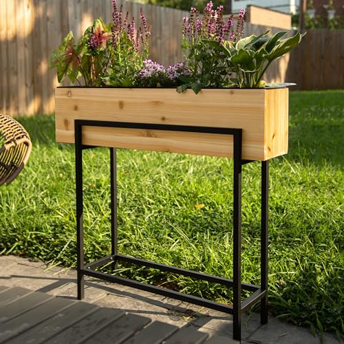 Ilyapa Erhöhter stehender Pflanzkasten mit Beinen, Metall und Holz, erhöhter Pflanzkasten, 83,8 x 90,2 x 17,8 cm, für drinnen und draußen, perfekt für Wohnzimmer, Veranda