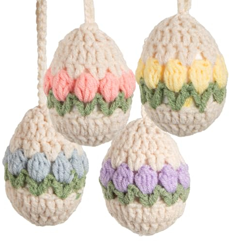 Logbuch-Verlag 4 Retro Ostereier zum Aufhängen Creme bunt gehäkelt Stoff-Eier Osterdekoration Osterstrauch Anhänger 7 cm