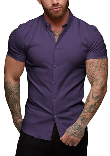 URRU Men's Muscle Dress Shirts Slim Fit Stretch Short Sleeve Casual Button Down Shirts for Men Purple L