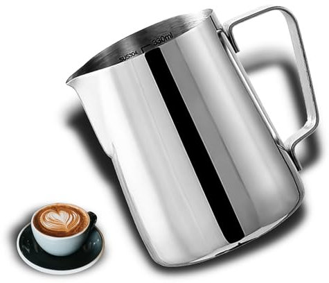 HEA Milk Jug, 330ml Milk Frother Jug for Coffee Machine for Barista, Stainless Steel Coffee Machine Accessories with Measurement Mark, Milk Pitcher for Making Latte Art & Cappuccino, to Coffee Lover