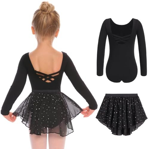 Arshiner Ballettkleidung Mädchen Langzarm Rückenfrei Ballettanzug Kinder Ballettkleid Balletttrikot Baumwolle Tanzkleid Tanzbody mit Irregulär Chiffon Rock Tütü Schwarz 140 5-6 Jahre