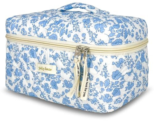 TOPALL Reise Kosmetiktasche Set Damen,Blumen Kosmetiktasche Aesthetic Make Up Bag Tasche Gesteppte Kulturtasche Beauty Case Baumwolle,Blue Flower(Large)