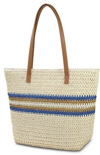 Aucuu Sac à bandoulière en paille pour femme, sac de plage, grand sac à main à fermeture éclair, sac fourre-tout bohème d'été, sac à bandoulière pour l'extérieur, les voyages et la plage, Blanc cassé