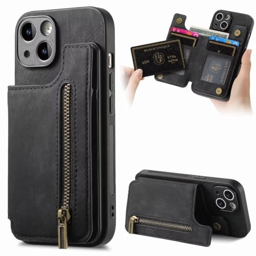 KRjcsfhy Handyhülle für iPhone 14 Pro Hülle Brieftasche Hülle 2 in 1 Magnetische Leder Reißverschluss Case mit Kartenfach Kickstand stoßfeste Schutzhülle für iPhone 14 Pro,schwarz