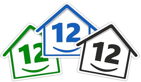 3 x Bin Numbers for Wheelie Bins, 1-99, 15cm ‘Happy House’ Colour Design Dustbin Stickers, Easy Application Stick On Number Stickers - Weatherproof Self Adhesive Vinyl – Blue, Black and Green (12)