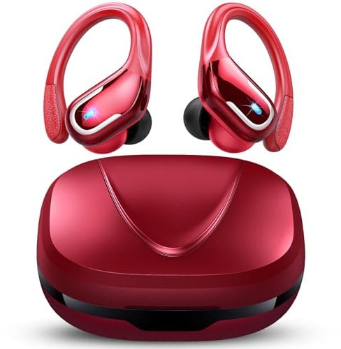 Wireless Earbuds, 75Hrs Bluetooth 5.3 Headphones Sports with ENC Mic, Stereo Noise Cancelling Ear Buds, Wireless Headphones with Earhooks, IP7 Waterproof Bluetooth Earphones for Running Gym, Deep Red