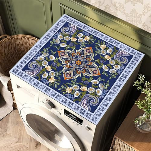 Treer Tappetino per Lavatrice e Asciugatrice, Stile Esotico retrò, Tappetino Antiscivolo Assorbente, Morbida Ritagliabile, Protector Superiore per Lavatrice o Asciugatrice (60x60cm,Blu)