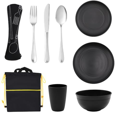 alwaiiz Juego de cubiertos para camping, juego de vajilla de camping, incluye taza, cuenco, plato y cubiertos de acero inoxidable con bolsa, vajilla de camping para pícnics, viajes y senderismo
