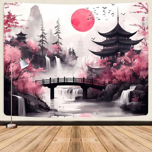 Japanischer Anime-Wandteppich, coole japanische Kirschblüte, Blumenberge, Wasserfall, Sonne, asiatisch, orientalisch, abstrakte Tinte, Wandteppich, schwarz-rosa, Naturlandschaft, Wandteppiche für
