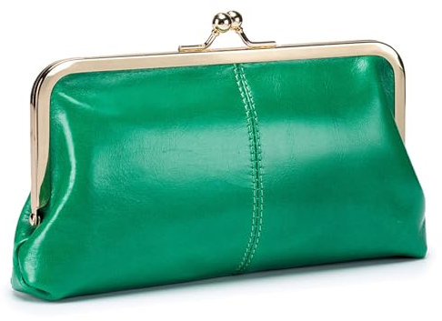 Karoukee Echtleder Große Geldbörse für Frauen, Vintage Damen Kuss-Schloss Portemonnaie, Elegante Handy Geldbeutel mit Reißverschluss Münzfach, Goldene Hardware, Grün