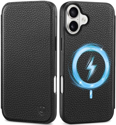 SHIELDON Case for iPhone 16 6.1 2024, Genuine Leather Slim Folio Wallet [Magnetic Closure][RFID Blocking][Card Slot] Shock-Absorbent Wireless Charging Case Compatible with iPhone 16 - Pebbled Black