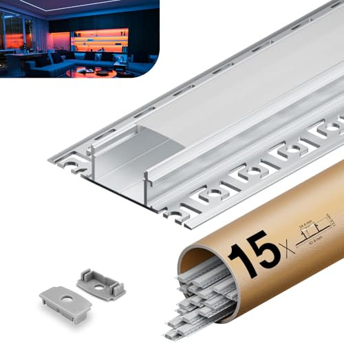 KOSOOM Profile Alu pour Ruban LED 15 x 2 m, Avec couvercle PC blanc laiteux, Profilé led Dimensions 24,4 mm(Alettes61,8 mm) x 13,8 mm, Prend en charge les Bandes d'une largeur maximale de 20mm