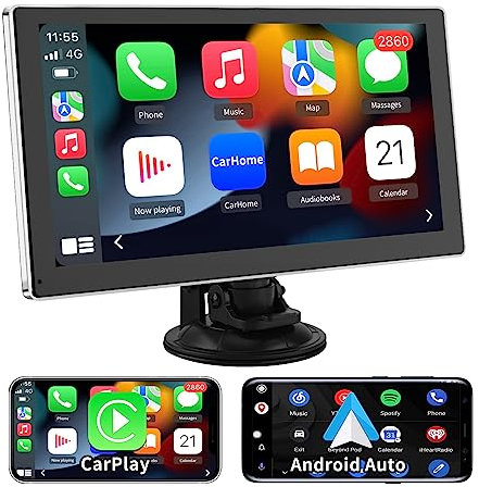Hexinex Carplay 9 Pouces IPS Écran,Carplay sans Fil Android Auto,Airplay,AutoLink,Écran de Voiture Portable Tactile Full HD Bluetooth-Argent