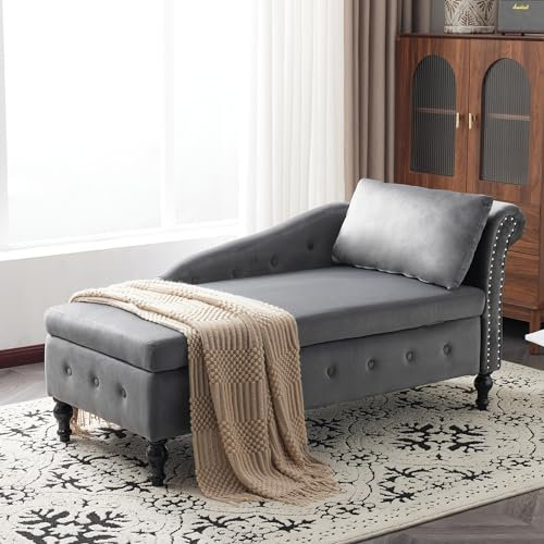 Modernes Samt-Chaiselongue-Sofa mit Stauraum und Kissen, gepolsterter Loungesessel mit Knöpfen, getuftetes Design und Nagelkopfbesatz, rechte Armlehne, Couch für Wohnzimmer, Schlafzimmer, Büro, Grau