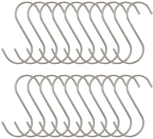 Halinuia 20 Ganchos en Forma de S, Acero Inoxidable,para Cocina, Dormitorio, Baño, Oficina y Armario, Soporte de Carga Pesada (Plateado, Tamaño M)