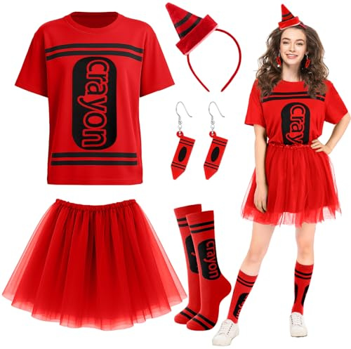 Newcotte 7-teiliges Halloween-Kostüm-Set mit Wachsmalstift, T-Shirt, Tutu, Rock, Oberschenkelhohe Strümpfe, Holzohrring