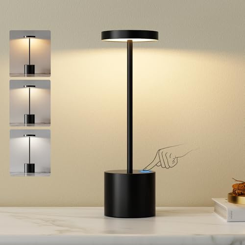 PreeOtti LED Tischlampe Kabellos, Tischlampe Akku, Touch Nachttischlampe Dimmbar, Tischleuchte Kabellos Akku mit 3 Farbtemperatur, Stufenlos Dimmbar für Schlafzimmer, Café, Schwarz