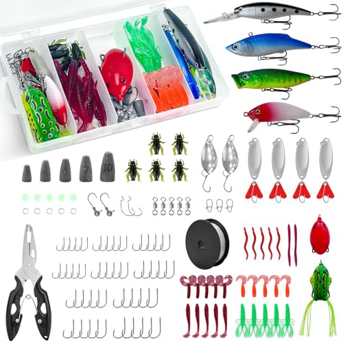 174 PCS Fishing Lure Accessories, Freshwater Saltwater Soft Rigs Gear | Including Plastic Worms, Frogs, Fish Hooks, Pliers, Fish Lines, Suitable for Father's Day, Birthday, or Christmas
