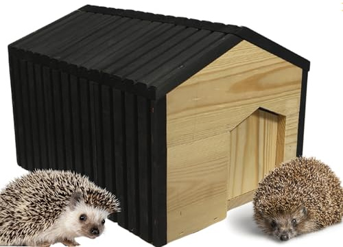 MODO24 FSC Holz Igelhaus Labyrintheingang 25x36x27 cm Schwarz Winterfest | Stabile Igelhütte & Igelhotel gegen Fressfeinde mit Wetterfestem Dach. Nisthaus für Winterschlaf im Garten Outdoor
