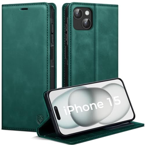 AIMOYU Handyhülle für iPhone 15 Hülle, Premium PU Leder Klapphülle Schutzhülle, Tasche Magnet Kartenfach Standfunktion Flip Case Hülle für iPhone 15, Blau Grün