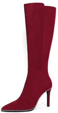 Mettesally Stivali Donna Al Ginocchio in Pelle Scamosciata Bordeaux Stivali Alti Donna Eleganti Boots con Tacco a Spillo 9.5 cm a Punta Fina Decorati con Beads Per Curvy Polpaccio Largo 39 EU