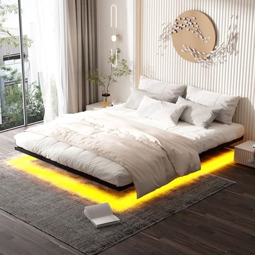 DEWINNER Cadre de Lit 160 x 200 avec Sommier Métal, Lit 2 Personnes Flottant avec Éclairage LED, Sommier en Métal, Structure Stable, 20 CM de Rangement pour Chambre, Noir(sans Matelas)