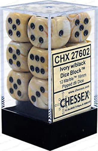 Chessex 16mm d6 with pips Dice Blocks (12 Dice) - Marble Ivory w/Black